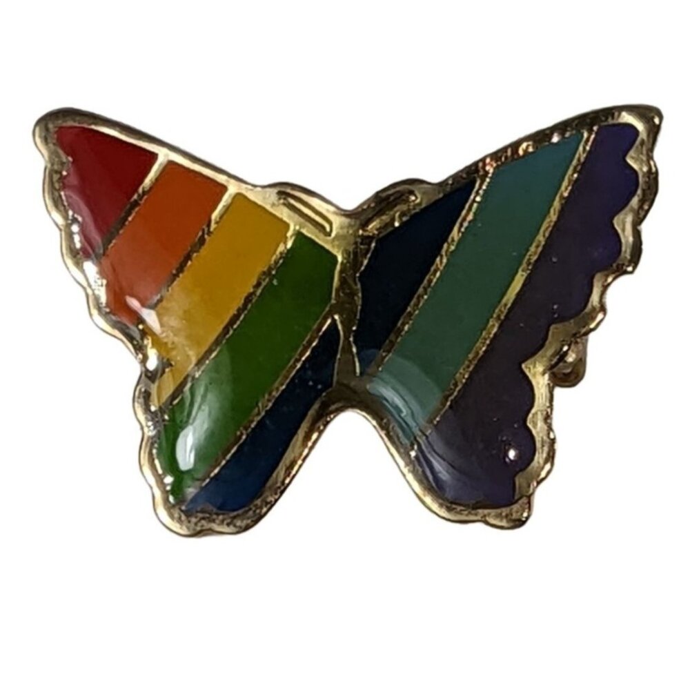Rainbow Butterfly Enamel Pin Brooch With Gold-Tone Accents LGBTQ+ Pride Jewelry